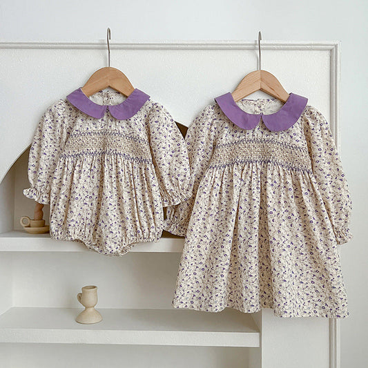 Spring Floral Graphic Sister Clothes Dress & Onesies-0